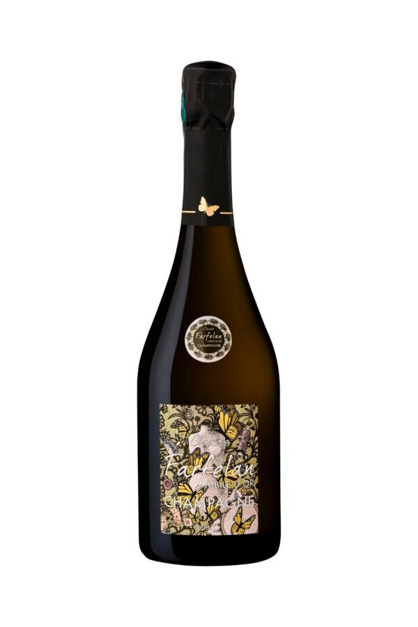 Bouteille de champagne avec étiquette papillons colorés, bouchon noir décoré papillon doré.
